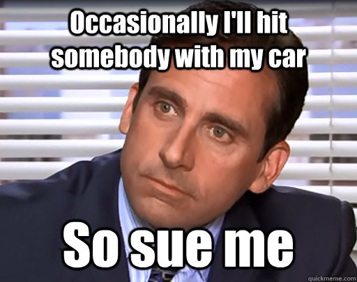 Occasionally I'll hit somebody with my car So sue me  Idiot Michael Scott