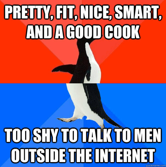 Pretty, fit, nice, smart, and a good cook too shy to talk to men outside the internet  Socially Awesome Awkward Penguin