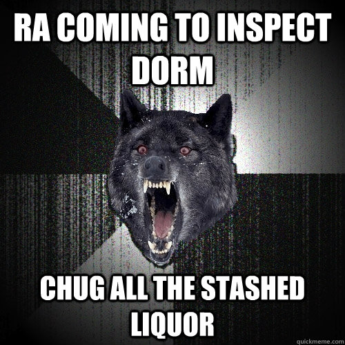 ra coming to inspect dorm chug all the stashed liquor  Insanity Wolf