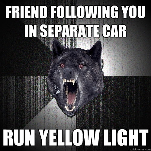 Friend following you in separate car run yellow light  Insanity Wolf