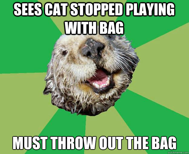 sees cat stopped playing with bag must throw out the bag  OCD Otter