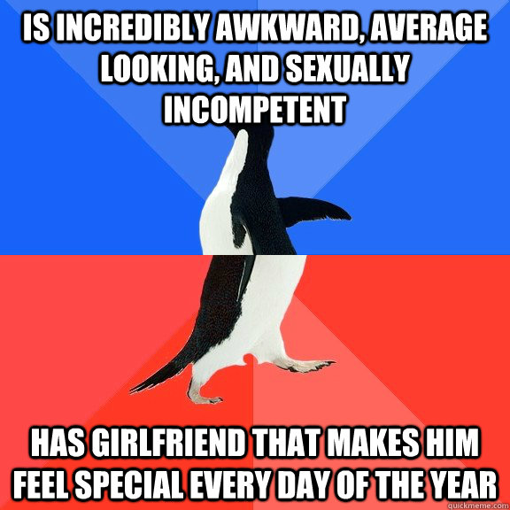 Is incredibly awkward, average looking, and sexually incompetent Has girlfriend that makes him feel special every day of the year  Socially Awkward Awesome Penguin