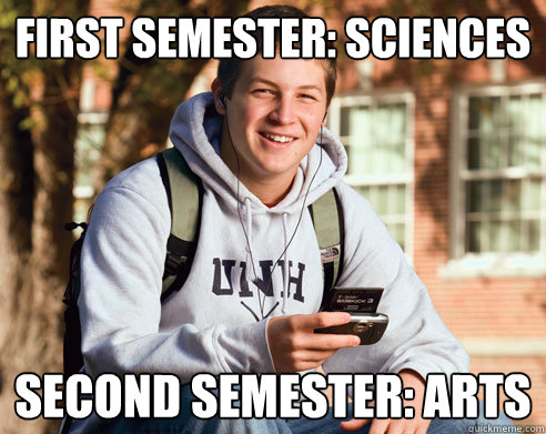 First semester: Sciences Second semester: Arts   College Freshman