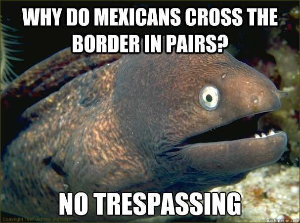 Why do Mexicans cross the border in pairs? No trespassing  Bad Joke Eel