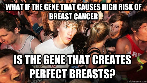 What if the gene that causes high risk of breast cancer is the gene that creates perfect breasts?  Sudden Clarity Clarence