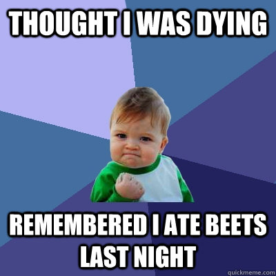 thought i was dying remembered i ate beets last night  Success Kid