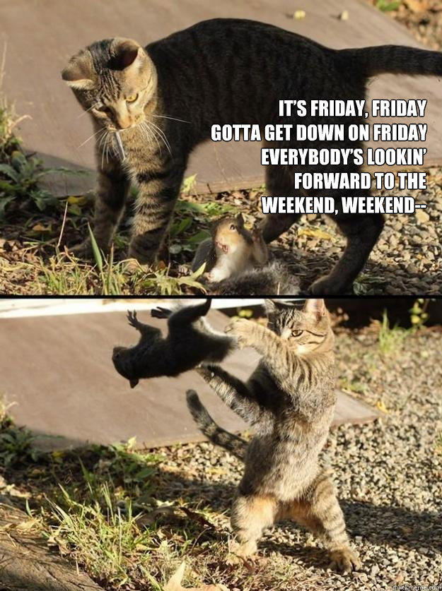 It’s Friday, Friday
Gotta get down on Friday
Everybody’s lookin’
forward to the
weekend, weekend-- - It’s Friday, Friday
Gotta get down on Friday
Everybody’s lookin’
forward to the
weekend, weekend--  Annoying Squirrel