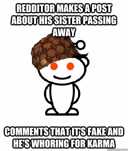 Redditor makes a post about his sister passing away Comments that it's fake and he's whoring for karma  Scumbag Redditor