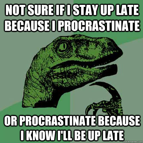 Not sure if I stay up late because I procrastinate or procrastinate because I know I'll be up late  Philosoraptor