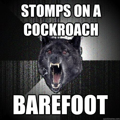 stomps on a cockroach barefoot  Insanity Wolf