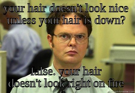 YOUR HAIR DOESN'T LOOK NICE UNLESS YOUR HAIR IS DOWN? FALSE. YOUR HAIR DOESN'T LOOK RIGHT ON FIRE Schrute