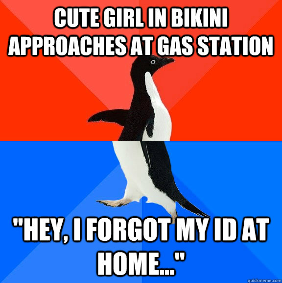 Cute girl in Bikini approaches at gas station 