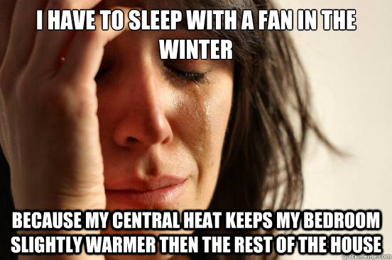 I have to sleep with a fan in the winter Because my central heat keeps my bedroom slightly warmer then the rest of the house  First World Problems