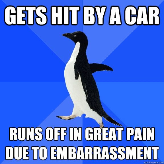 Gets hit by a car runs off in great pain due to embarrassment - Gets hit by a car runs off in great pain due to embarrassment  Socially Awkward Penguin