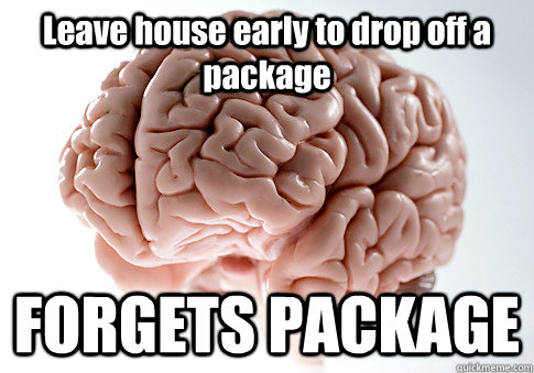 Leave house early to drop off a package FORGETS PACKAGE   Scumbag Brain