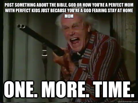 post something about the bible, god or how you're a perfect mom with perfect kids just because you're a God fearing stay at home mom one. more. time.  