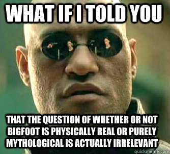 what if i told you that the question of whether or not Bigfoot is physically real or purely mythological is actually irrelevant  Matrix Morpheus