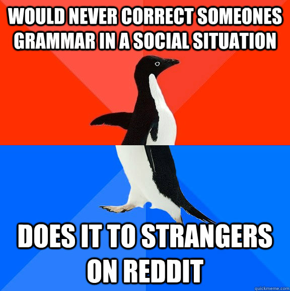 Would never correct someones grammar in a social situation does it to strangers on reddit  Socially Awesome Awkward Penguin