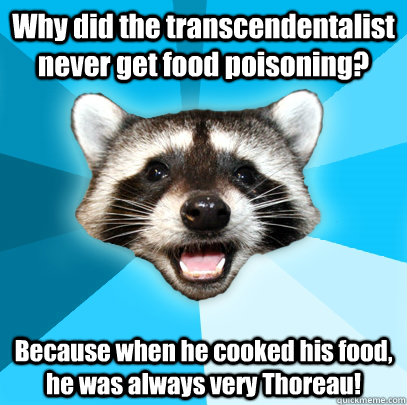 Why did the transcendentalist never get food poisoning? Because when he cooked his food, he was always very Thoreau!  Lame Pun Coon