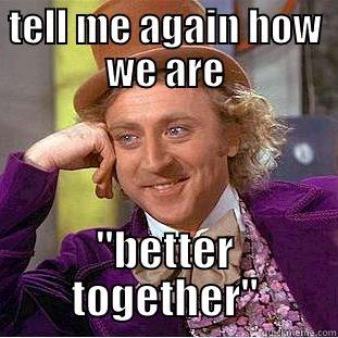 TELL ME AGAIN HOW WE ARE 