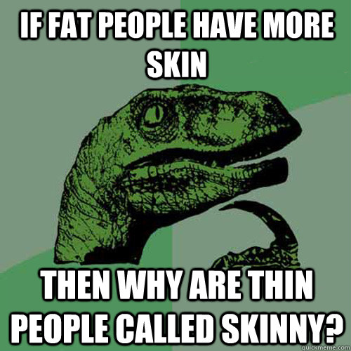 If Fat people have more skin then why are thin people called skinny?  Philosoraptor