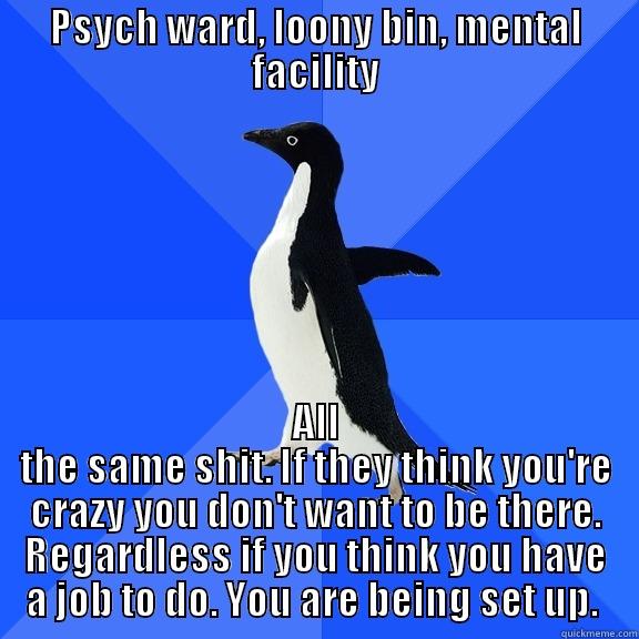 PSYCH WARD, LOONY BIN, MENTAL FACILITY ALL THE SAME SHIT. IF THEY THINK YOU'RE CRAZY YOU DON'T WANT TO BE THERE. REGARDLESS IF YOU THINK YOU HAVE A JOB TO DO. YOU ARE BEING SET UP.  Socially Awkward Penguin