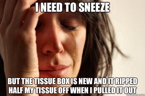 I NEED TO SNEEZE BUT THE TISSUE BOX IS NEW AND IT RIPPED HALF MY TISSUE OFF WHEN I PULLED IT OUT  First World Problems