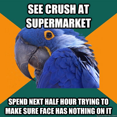 see crush at supermarket spend next half hour trying to make sure face has nothing on it  Paranoid Parrot