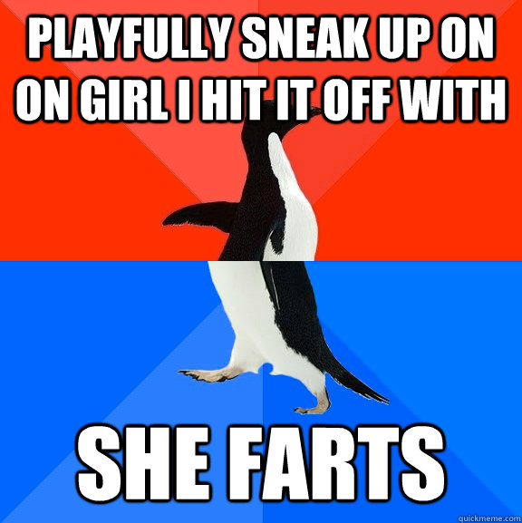 Playfully sneak up on on girl I hit it off with She farts  Socially Awesome Awkward Penguin