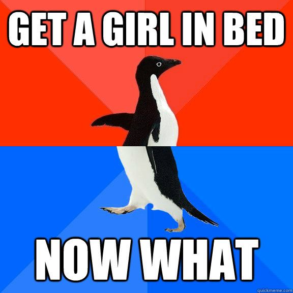 get a girl in bed now what  Socially Awesome Awkward Penguin