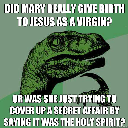 Did Mary really give birth to jesus as a virgin? Or was she just trying to cover up a secret affair by saying it was the holy spirit?  Philosoraptor
