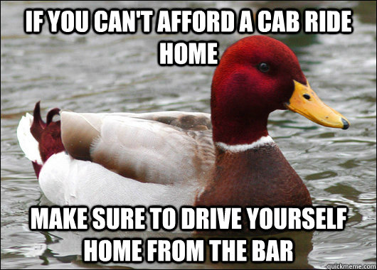 If you can't afford a cab ride home make sure to drive yourself home from the bar  Malicious Advice Mallard