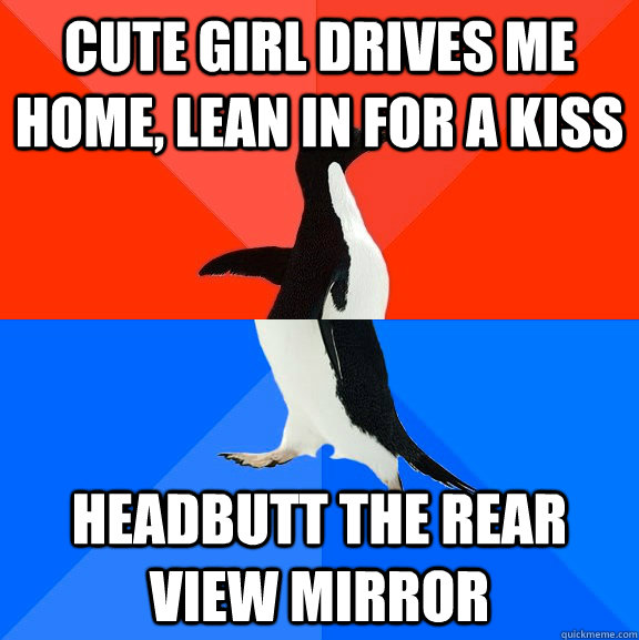 Cute girl drives me home, lean in for a kiss Headbutt the rear view mirror  Socially Awesome Awkward Penguin