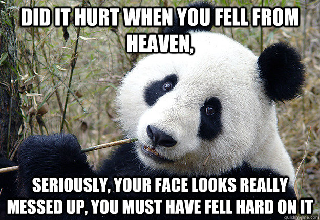 did it hurt when you fell from heaven, seriously, your face looks really messed up, you must have fell hard on it  Pick-up line Panda