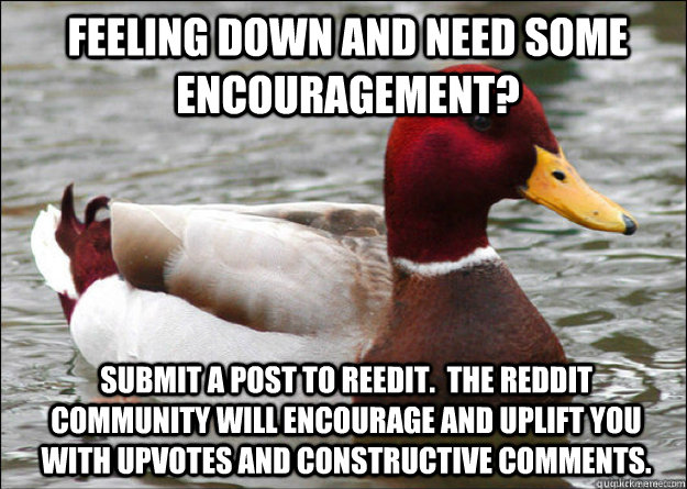 Feeling down and need some encouragement? Submit a post to reedit.  the reddit community will encourage and uplift you with upvotes and constructive comments.  Malicious Advice Mallard