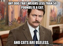 Any dog that weighs less than 50 pounds is a cat.

 and cats are useless. - Any dog that weighs less than 50 pounds is a cat.

 and cats are useless.  Ron Swanson