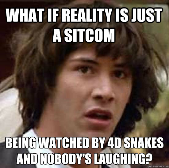 What if reality is just a sitcom Being watched by 4D snakes
And nobody's laughing?  conspiracy keanu