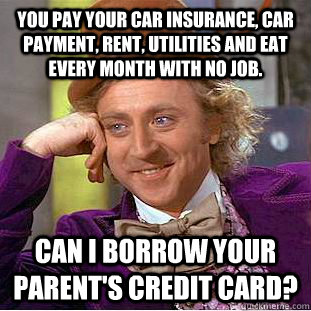 You pay your car insurance, car payment, rent, utilities and eat every month with no job. Can I borrow your parent's credit card?   Condescending Wonka