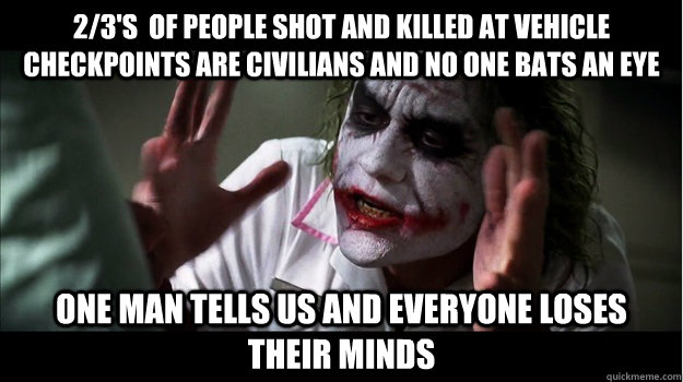 2/3's  of people shot and killed at vehicle checkpoints are civilians and no one bats an eye one man tells us and everyone loses their minds  Joker Mind Loss