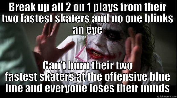 BREAK UP ALL 2 ON 1 PLAYS FROM THEIR TWO FASTEST SKATERS AND NO ONE BLINKS AN EYE CAN'T BURN THEIR TWO FASTEST SKATERS AT THE OFFENSIVE BLUE LINE AND EVERYONE LOSES THEIR MINDS Joker Mind Loss