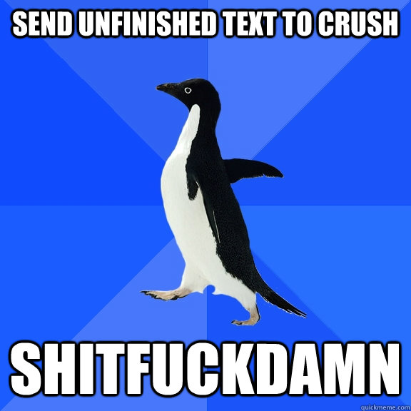 send unfinished text to crush Shitfuckdamn  Socially Awkward Penguin