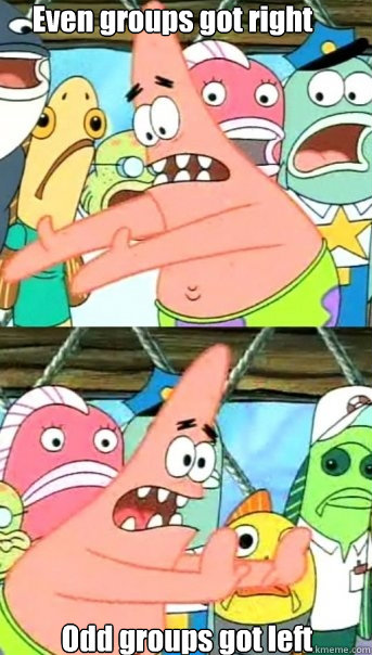 Even groups got right Odd groups got left  Push it somewhere else Patrick