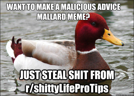 WANT TO MAKE A MALICIOUS ADVICE MALLARD MEME? JUST STEAL SHIT FROM r/shittyLifeProTips  Malicious Advice Mallard