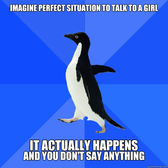 Imagine perfect situation to talk to a girl  It actually happens  and you don't say anything  Socially Awkward Penguin