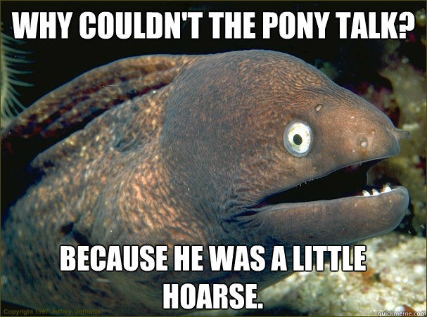 Why couldn't the pony talk? Because he was a little hoarse.  Bad Joke Eel