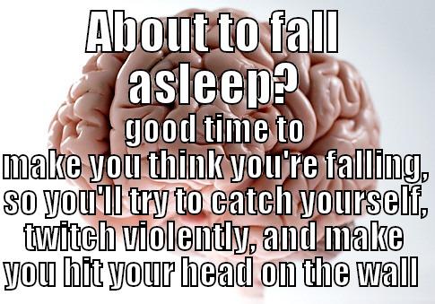 ABOUT TO FALL ASLEEP? GOOD TIME TO MAKE YOU THINK YOU'RE FALLING, SO YOU'LL TRY TO CATCH YOURSELF, TWITCH VIOLENTLY, AND MAKE YOU HIT YOUR HEAD ON THE WALL  Scumbag Brain