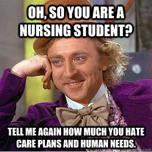 Oh, so you are a nursing student? Tell me again how much you hate care plans and human needs.  Condescending Wonka