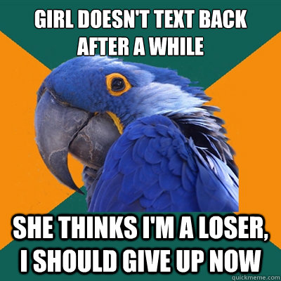 Girl doesn't text back after a while she thinks i'm a loser, i should give up now  Paranoid Parrot