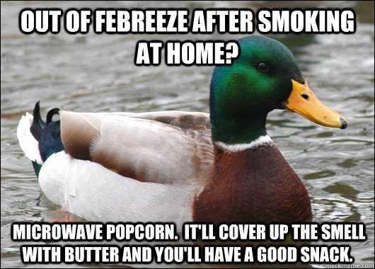 Out of Febreeze after smoking at home?  Microwave popcorn.  It'll cover up the smell with butter and you'll have a good snack.  Actual Advice Mallard