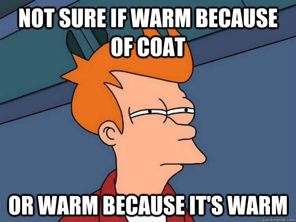 Not sure if warm because of coat Or warm because it's warm  Futurama Fry